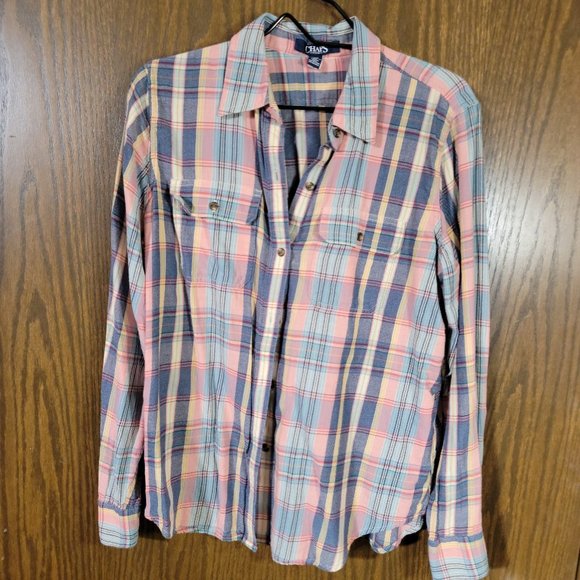 🎉🌟 HOST PICK 🎉🌟Chaps Denim  Ralph Lauren Pink and Blue Plaid Shirt Size L - Picture 1 of 7
